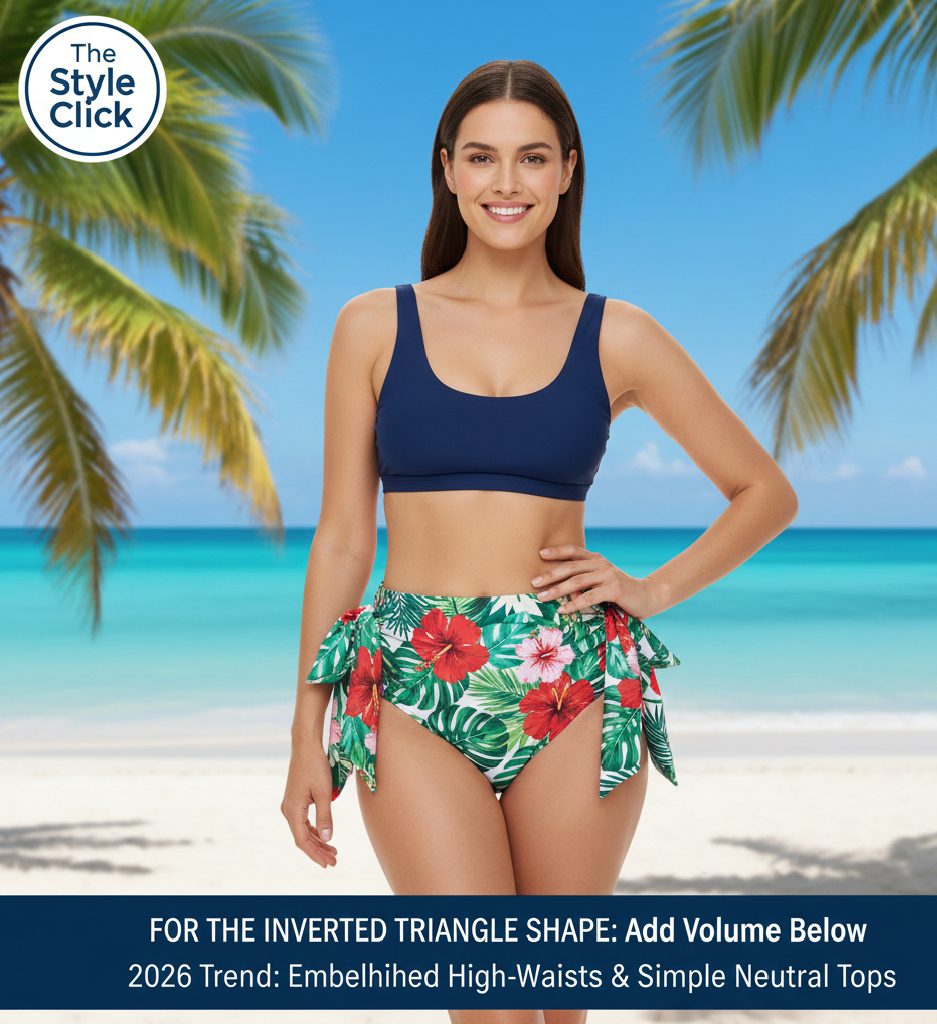 High-waisted bikini bottoms with bows and bold patterns paired with a simple top for inverted triangle body shape.