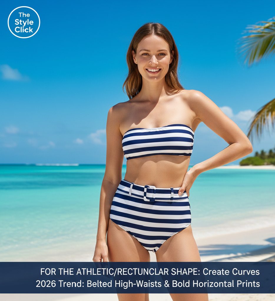 Athletic body type wearing a belted high-waisted bikini with bold floral prints to create an hourglass illusion.