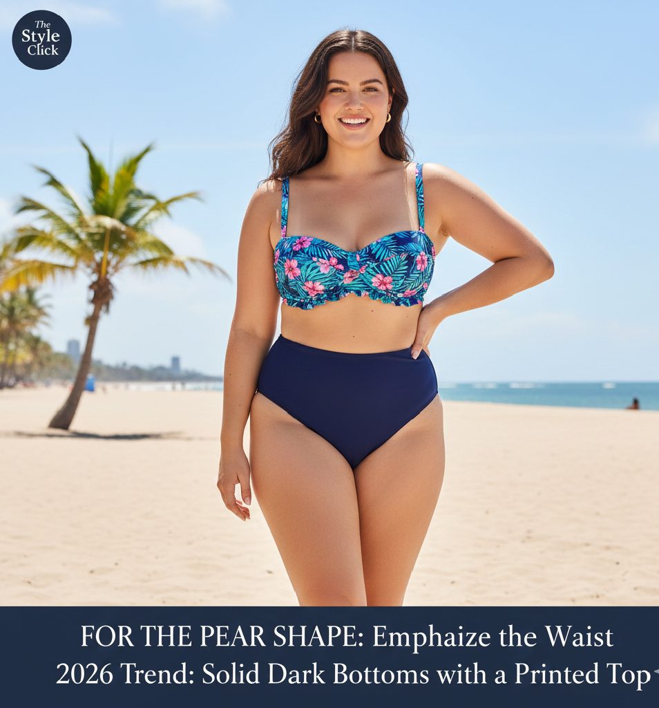 Pear shaped body model wearing high-cut high-waisted bikini bottoms with a ruffled top to balance proportions.