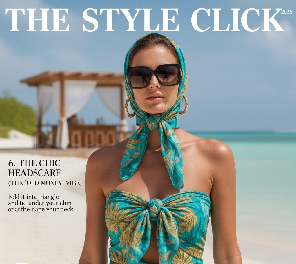 A woman styled with a small silk sarong worn as a headscarf in a pirate-tie fashion for a quiet luxury look.