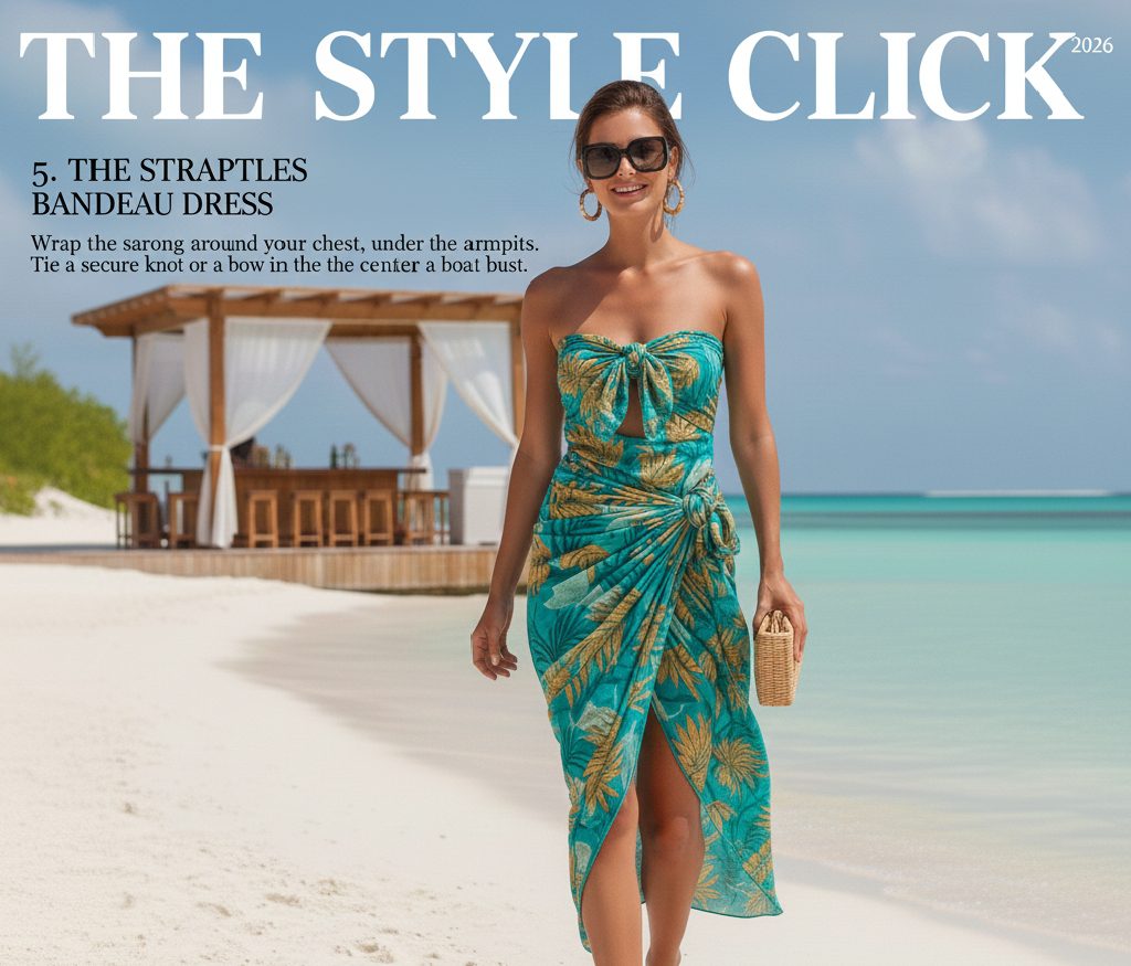 A strapless bandeau style sundress created by tying a bold tropical print sarong securely at the bust.