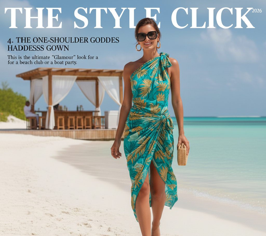 An elegant one-shoulder dress styled from a long sarong, perfect for a luxury beach club or boat party aesthetic.