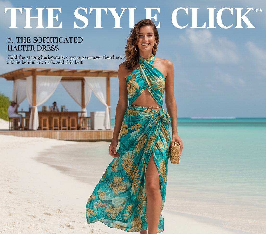 A chic resort-style halter dress made from a sarong tied behind the neck, featuring a teal and gold tropical pattern.
