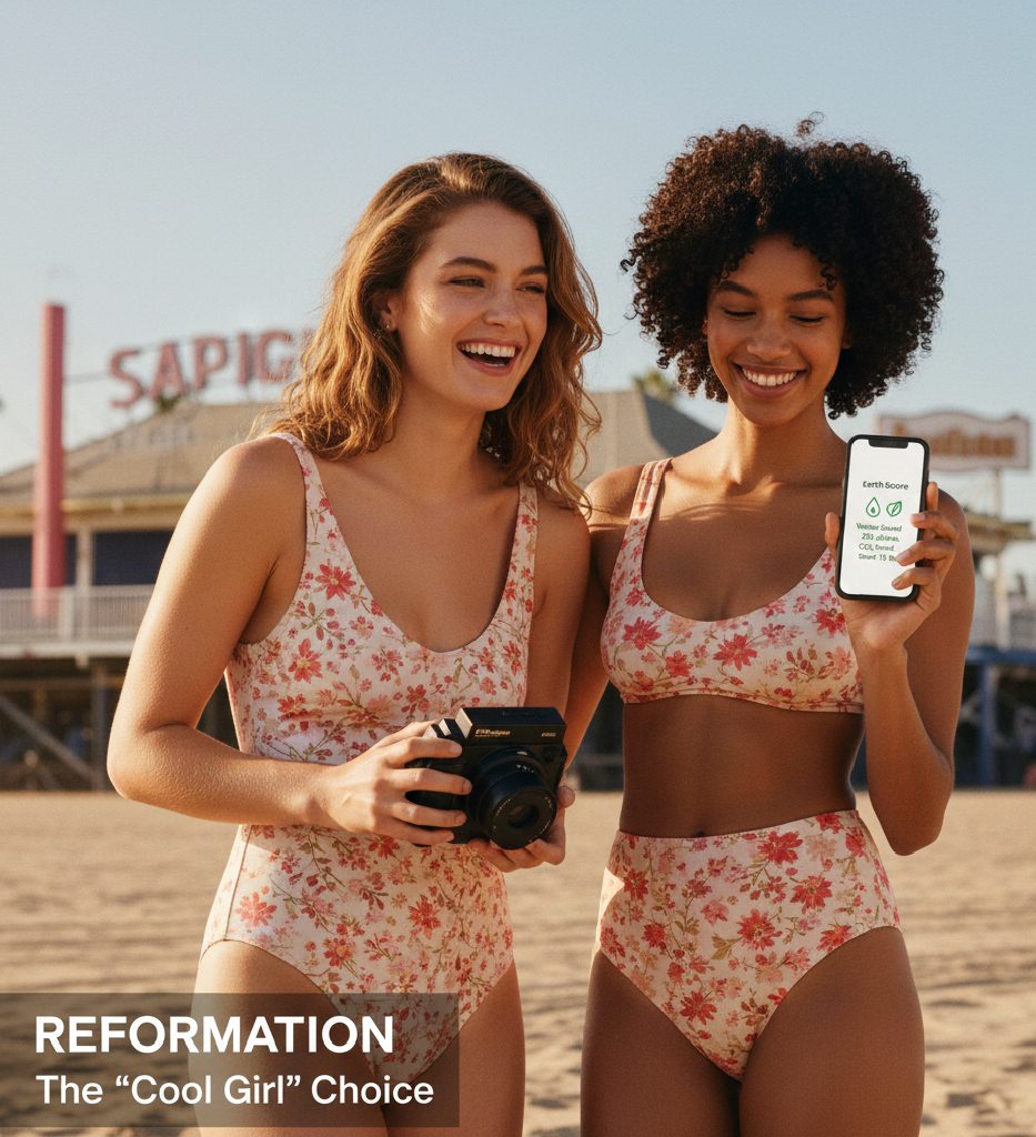 A feminine floral print swimsuit from Reformation with an eco-friendly Earth Score.
