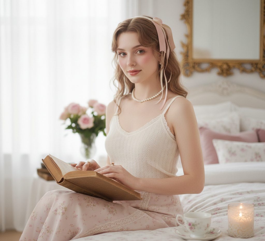 Romantic bedroom decor with gilded mirrors, floral bedding, and vintage tea sets.