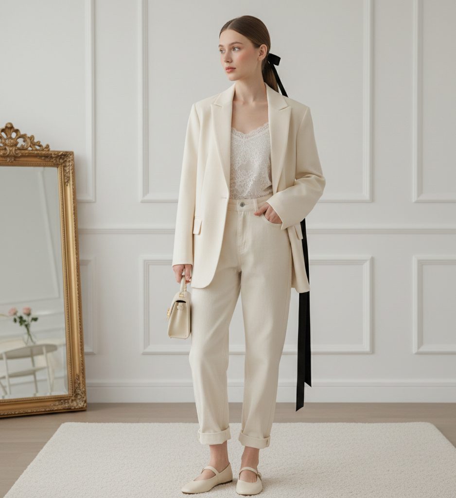 A professional woman styling a velvet ribbon with a blazer and jeans for a subtle coquette look.