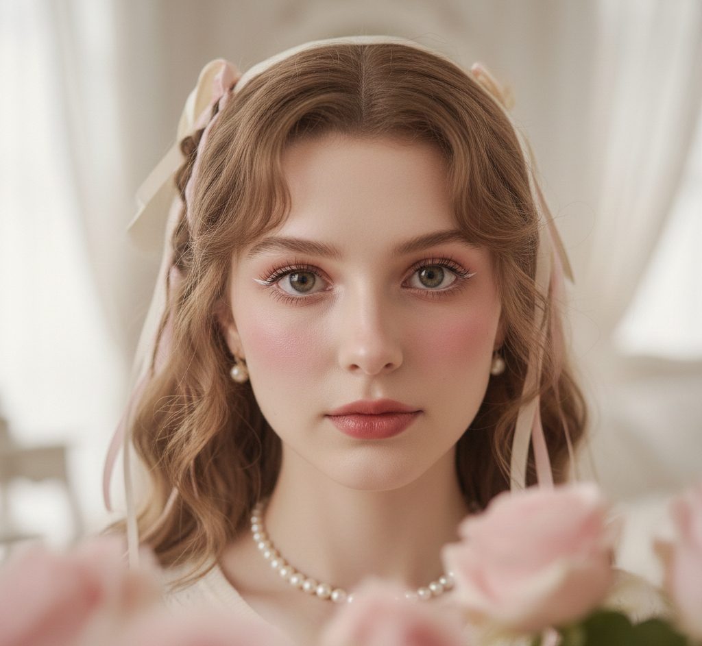 Close-up of Coquette beauty look featuring doe-eye makeup, heavy pink blush, and soft hair waves with ribbons.