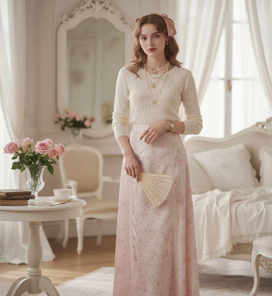 Soft ethereal pink and cream fashion with lace trims and dainty jewelry.