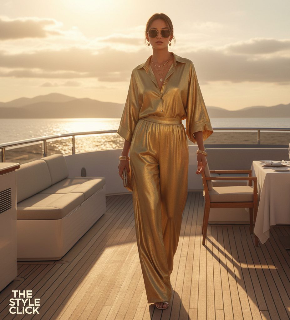 Metallic gold silk co-ord set for luxury yacht dinner and summer resort events.