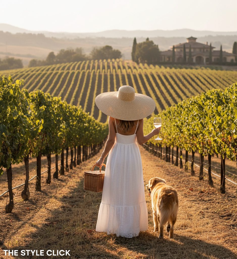 Large floppy straw hat providing maximum sun protection and high-fashion resort look.