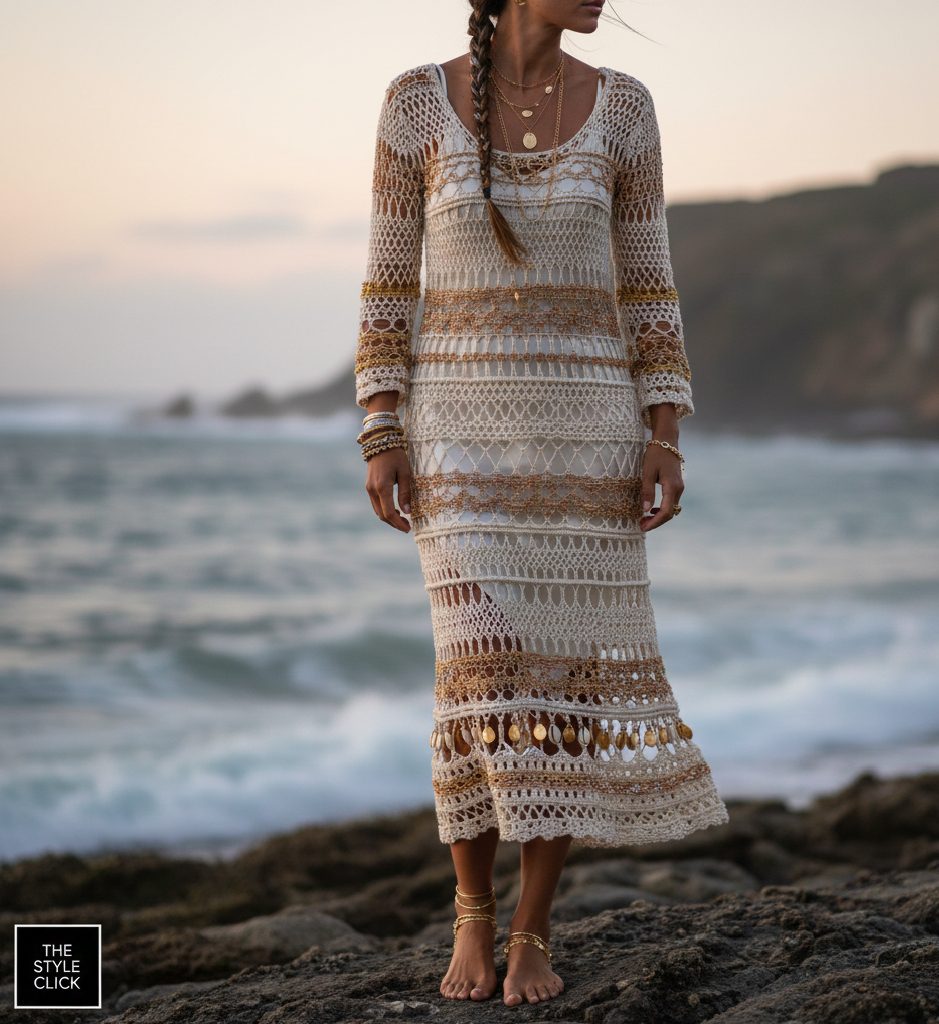 Bohemian-chic crochet midi dress with metallic threads and seashell details.
Tags: Crochet Fashion, Sustainable Style, Boho Resort, Handmade Fashion