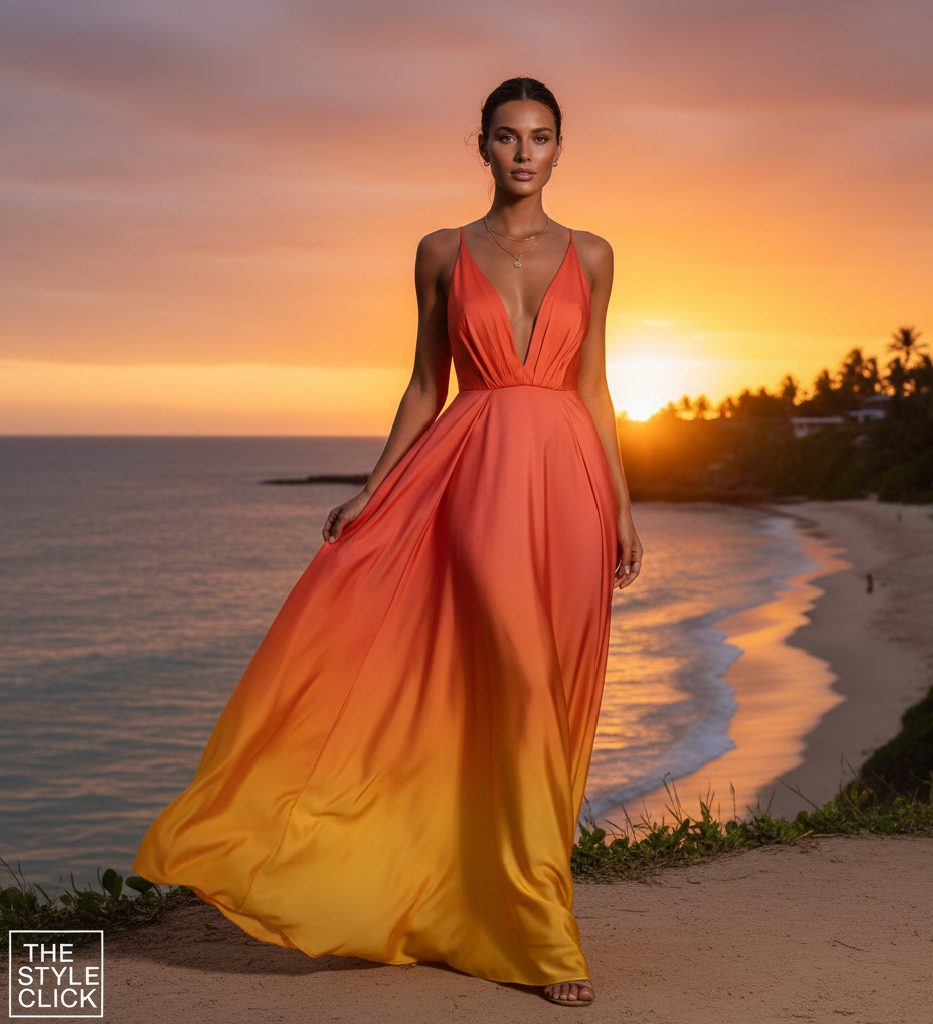 Gradient ombre maxi dress in fiery orange, deep coral, and radiant yellow.
Tags: Sunset Colors, Ombre Dress, Summer 2026 Palette, Bold Fashion