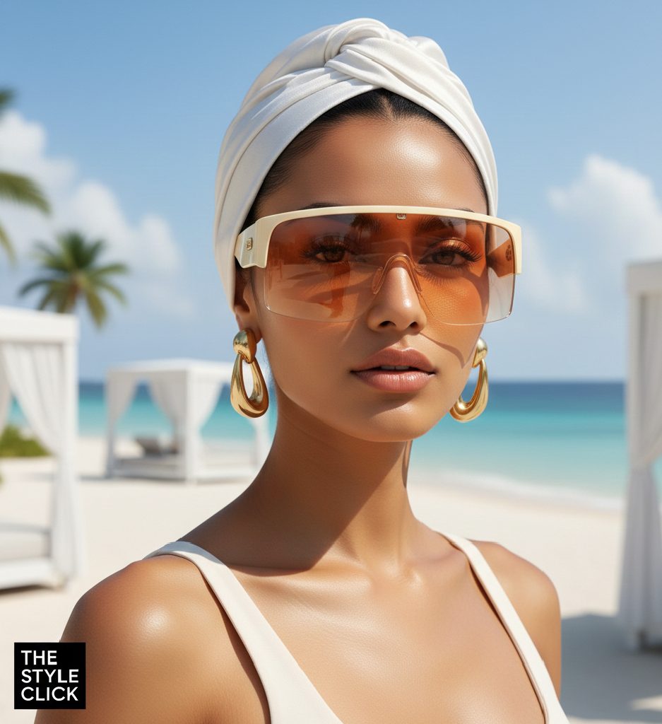 Model wearing oversized translucent shield style sunglasses for UV protection.