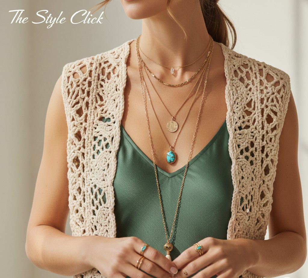 An artisanal handmade crochet vest layered over a silk dress, showcasing the human-touch aesthetic of modern boho.