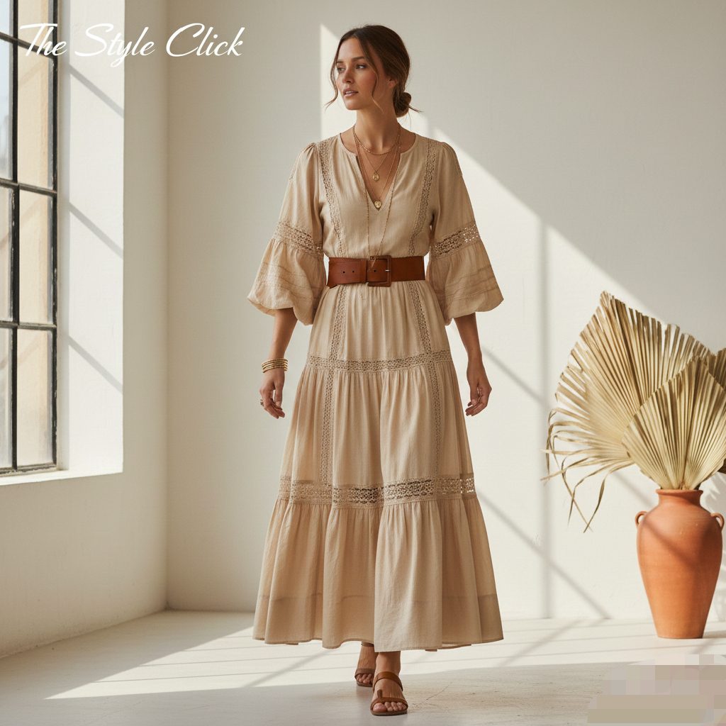 A high-quality linen tiered maxi dress with oversized sleeves paired with a structured leather belt to define the waist.