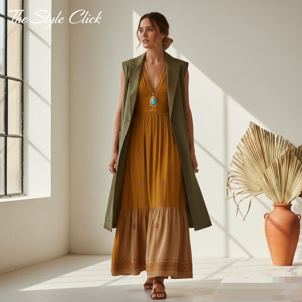 A curated fashion look in dusty earth tones like terracotta and olive green, representing the minimalist boho trend for 2026.