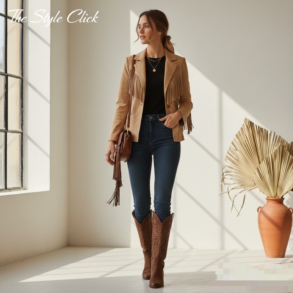 Refined suede jacket with subtle fringe details and western-style suede boots, a popular 2026 fashion trend in Nashville and Austin.