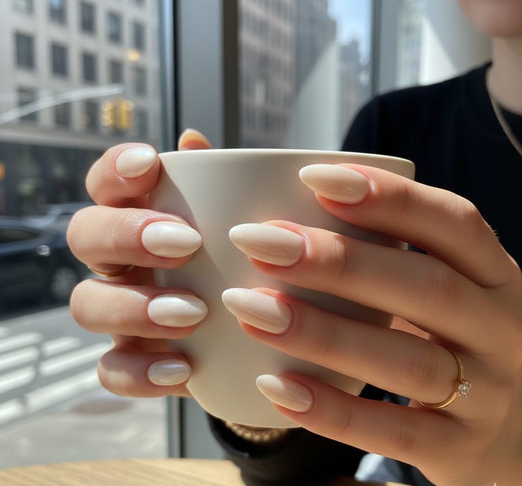 Close-up of Vanilla Chrome nails with a creamy off-white base and soft pearl-effect powder finish for a 2026 "It Girl" aesthetic.