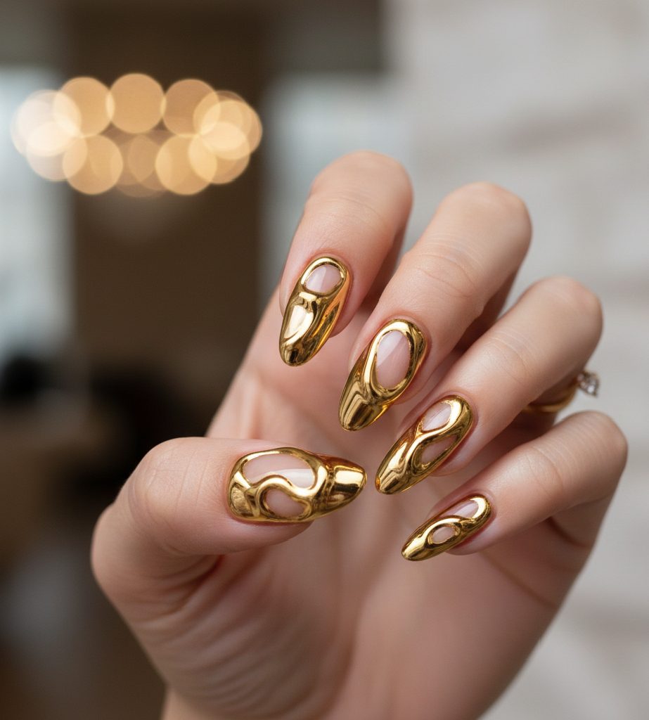 Luxury manicure featuring 3D molten liquid gold chrome accents over a neutral base, showcasing a dripping metal texture.