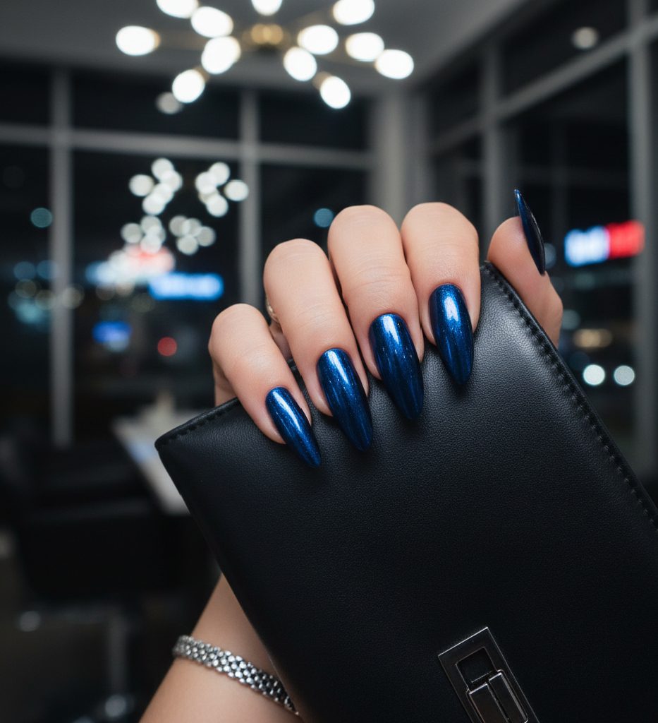 Deep midnight cobalt blue chrome nails with a high-shine reflective finish, a trending edgy look for 2026.