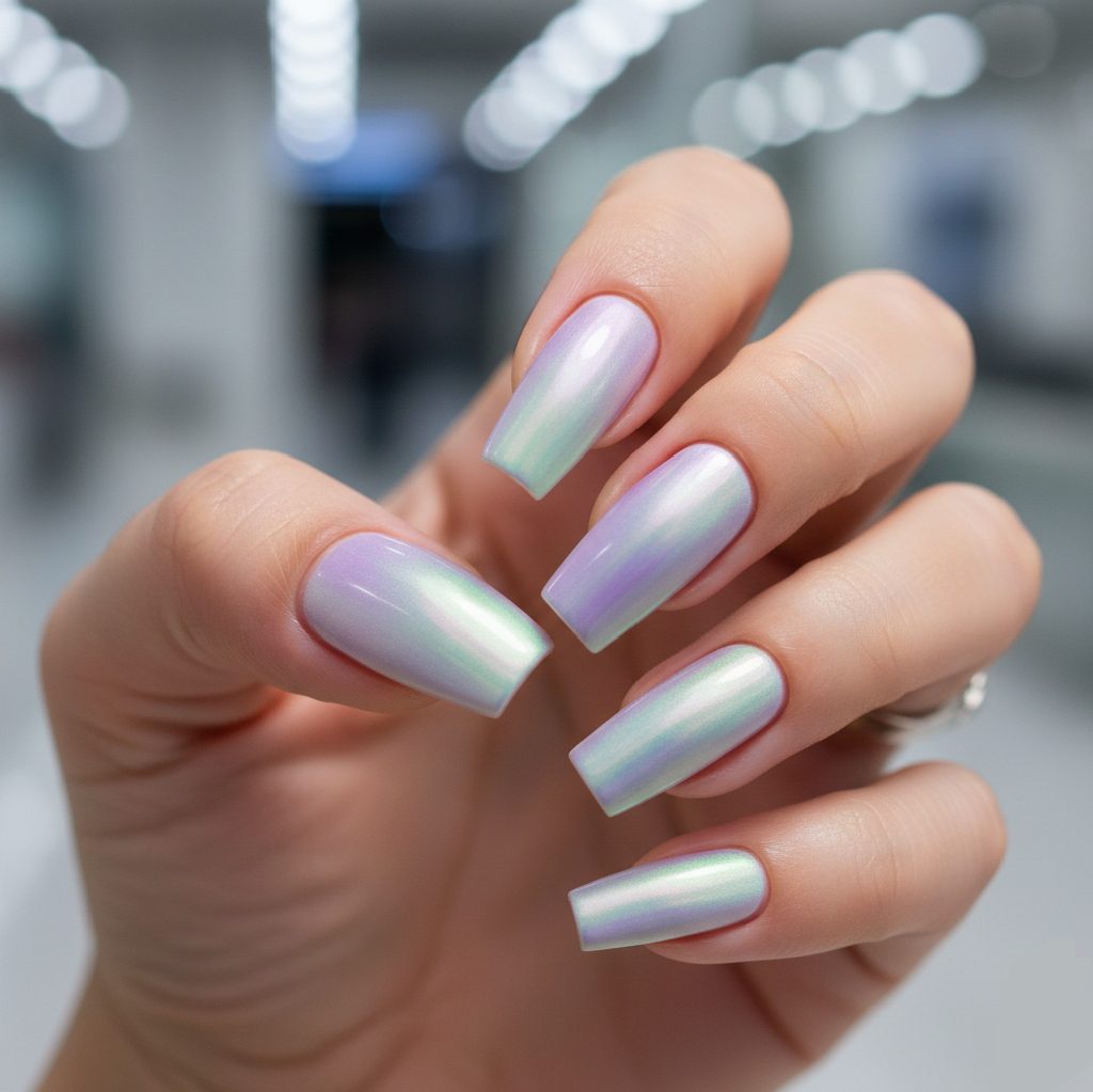 Smooth lavender holographic chrome nails showing a multi-color shift from soft purple to minty green.