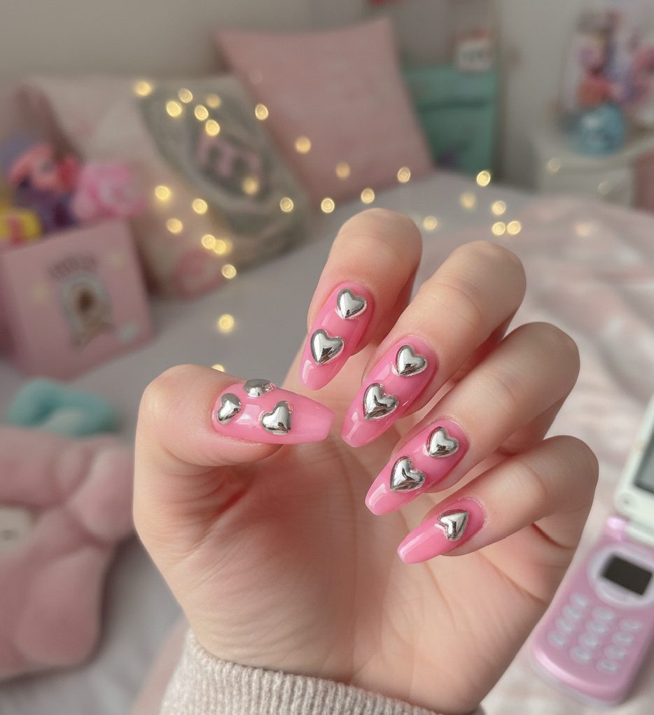 Y2K inspired Soft Girl aesthetic nails with raised 3D silver chrome hearts over a soft pink base.