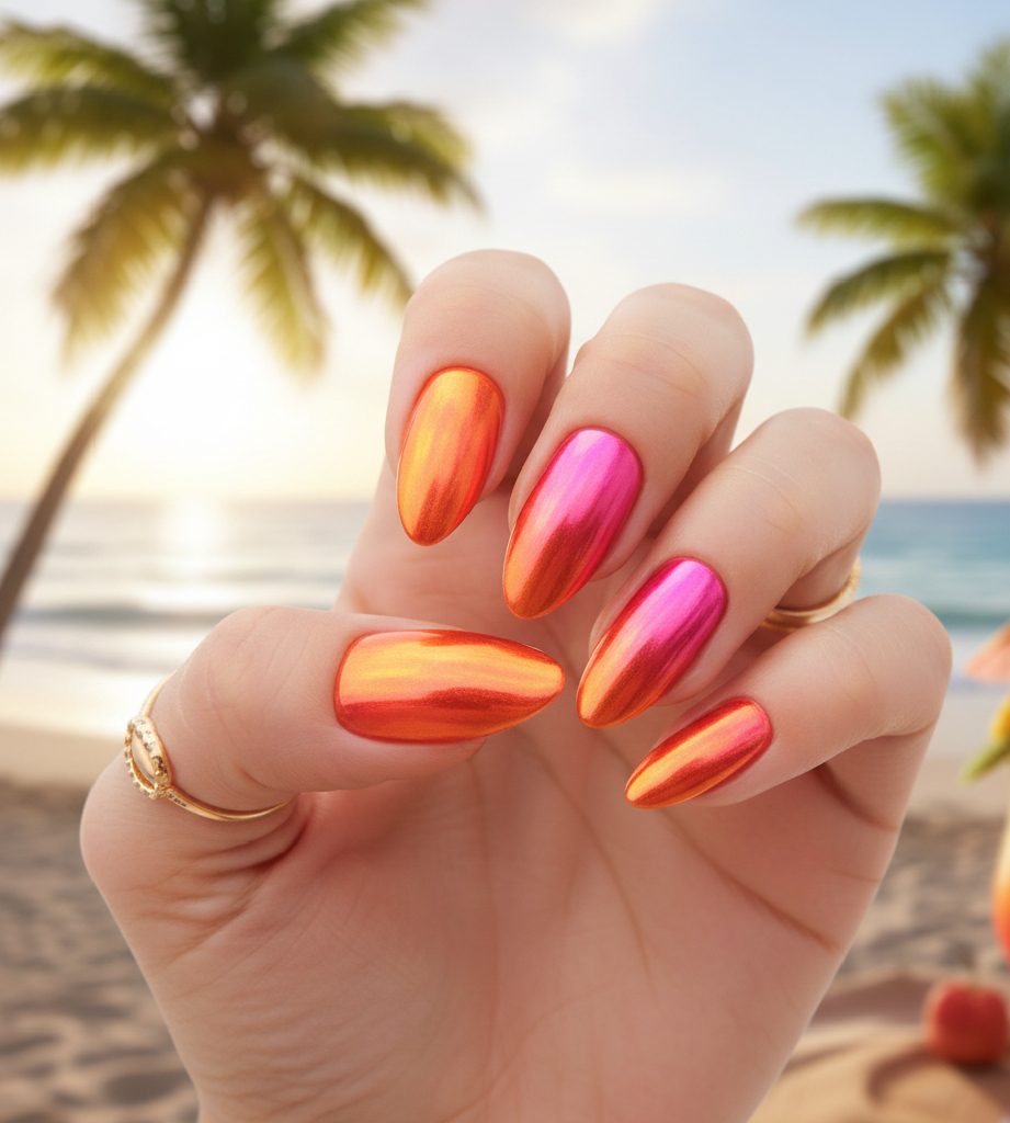 Vibrant sunset ombre chrome nails blending radiant orange, pink, and gold powders for a warm summer 2026 look.