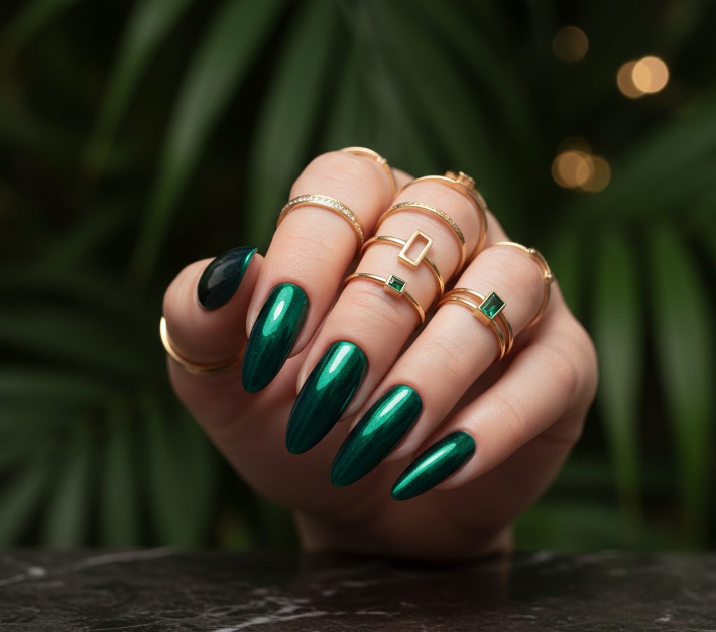 Dark and moody Emerald Forest chrome nails with a gemstone-like reflective finish, paired with gold accessories.