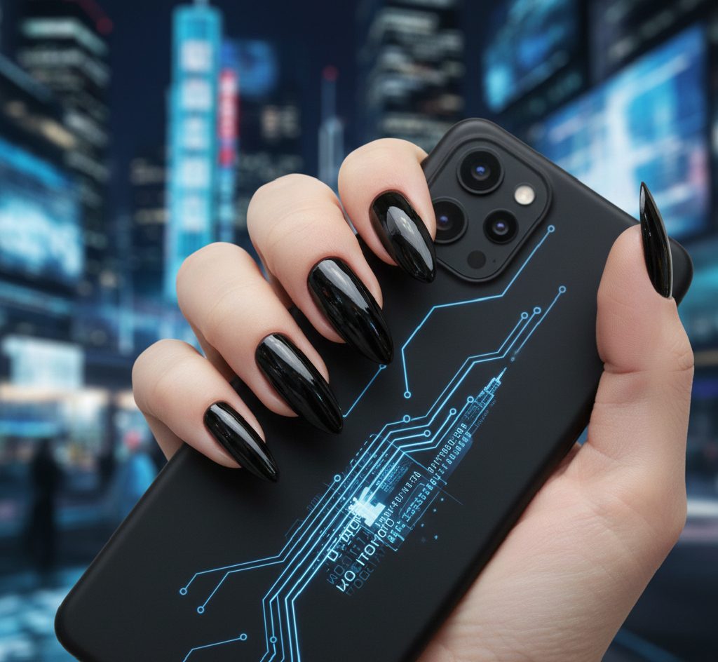 Sleek futuristic black mirror chrome nails featuring a dark charcoal base with a silver metallic overlay.