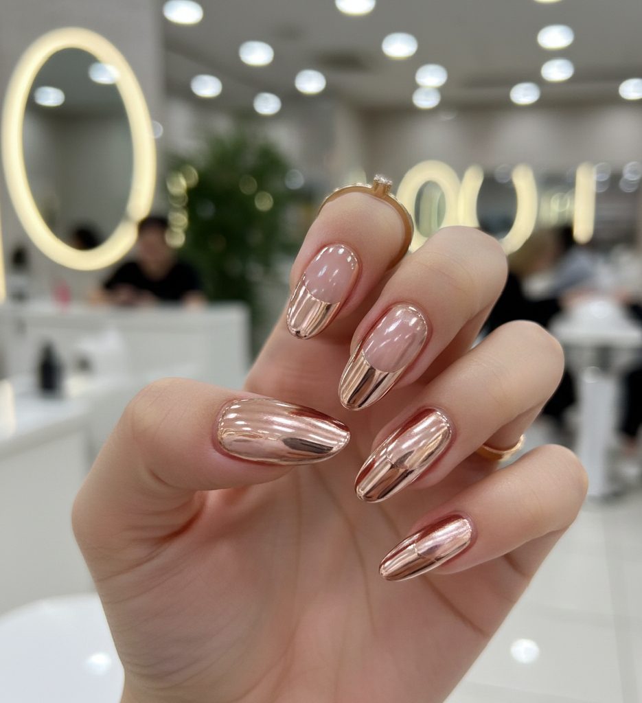 A modern classic French manicure with metallic silver chrome tips and a sheer pink natural base.