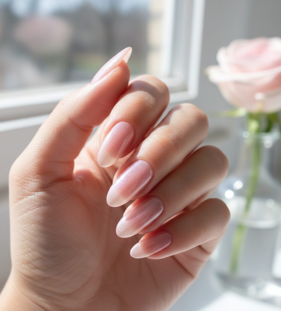 Ethereal and minimalist Rose Water chrome nails with a semi-transparent light pink iridescent glow.