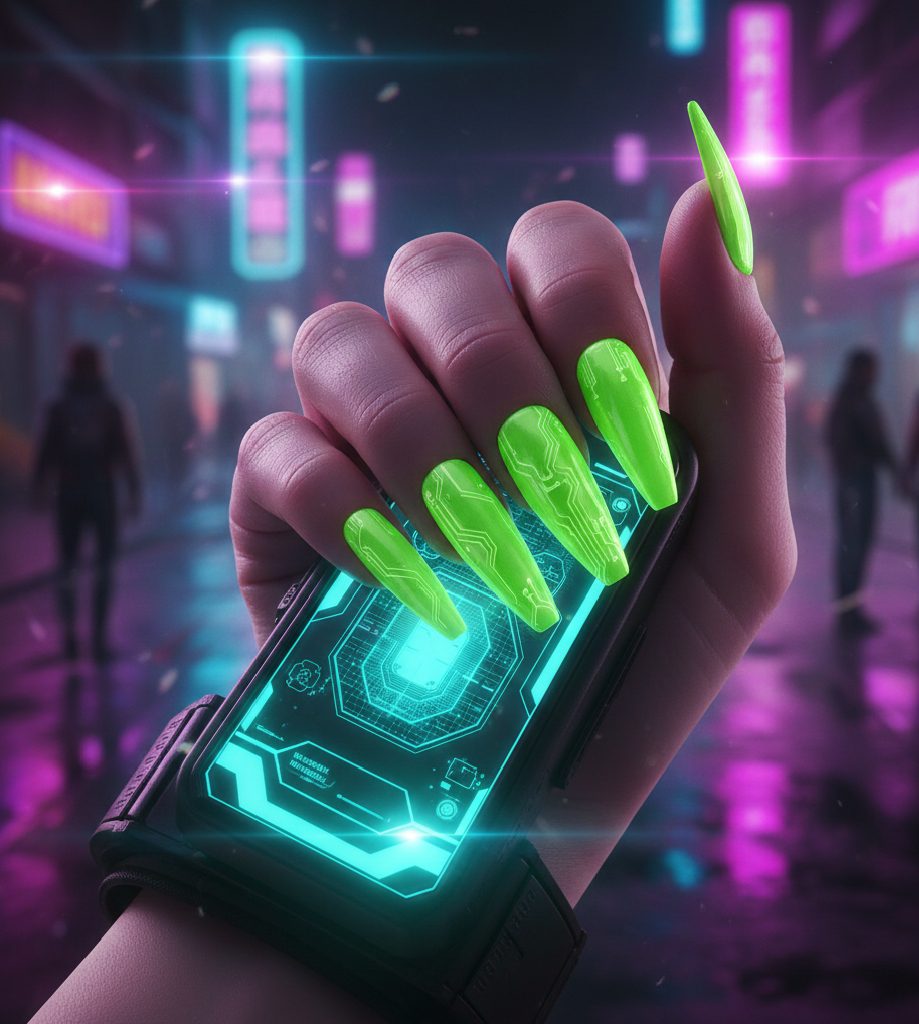 Bold neon acid green cyber-chrome nails for a futuristic cyberpunk festival aesthetic.