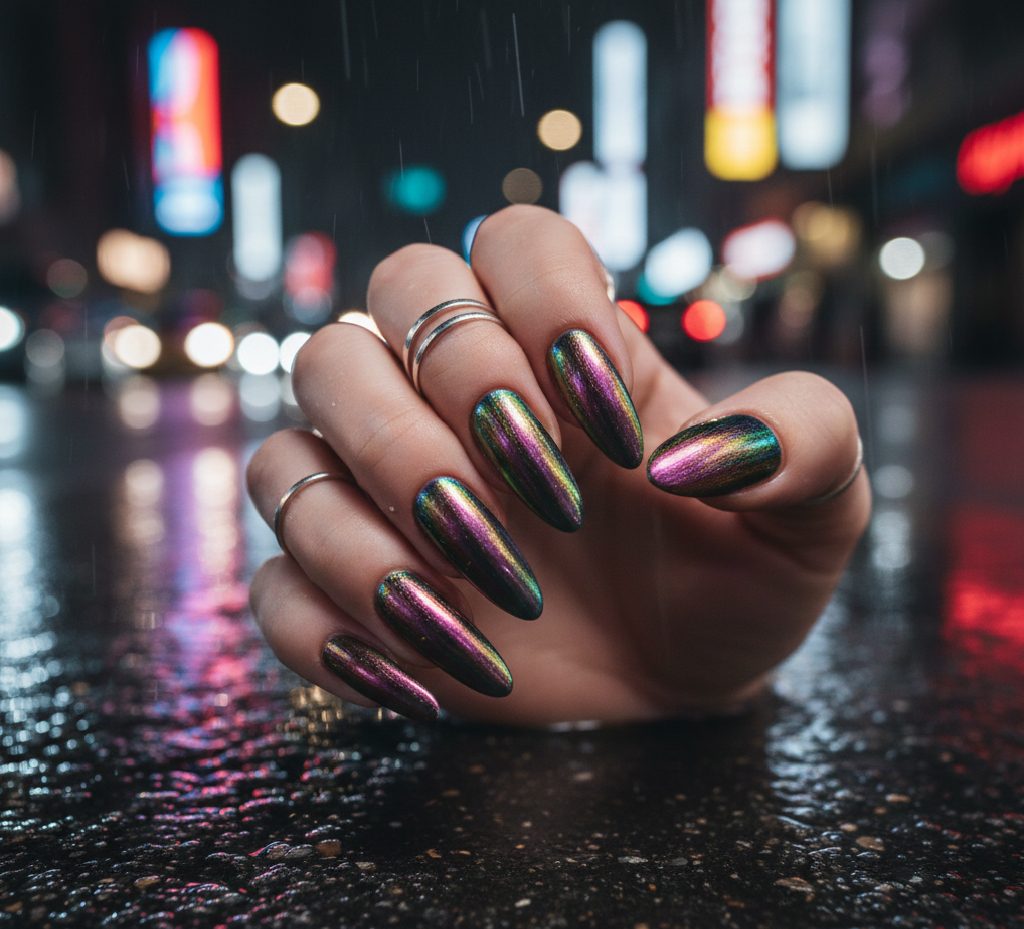 Multi-chrome oil slick nails featuring a color-shifting powder that changes from purple to green and gold.