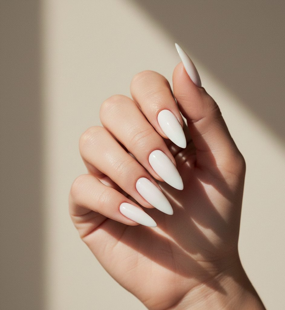 A close-up of "Skinny Almond" shaped nails with a tapered, elongated silhouette and minimalist nude polish for the clean girl aesthetic.