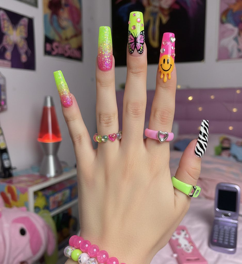 Bold Y2K-inspired flare or duck nail shape with a wide fan-like tip, perfect for maximalist nail art and creative designs.