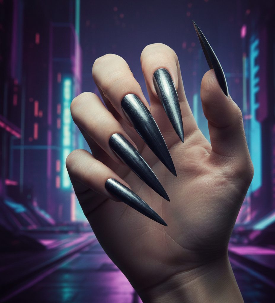 High-fashion arrowhead stiletto nails with an extremely sharp, pointed tip and edgy metallic chrome finish.