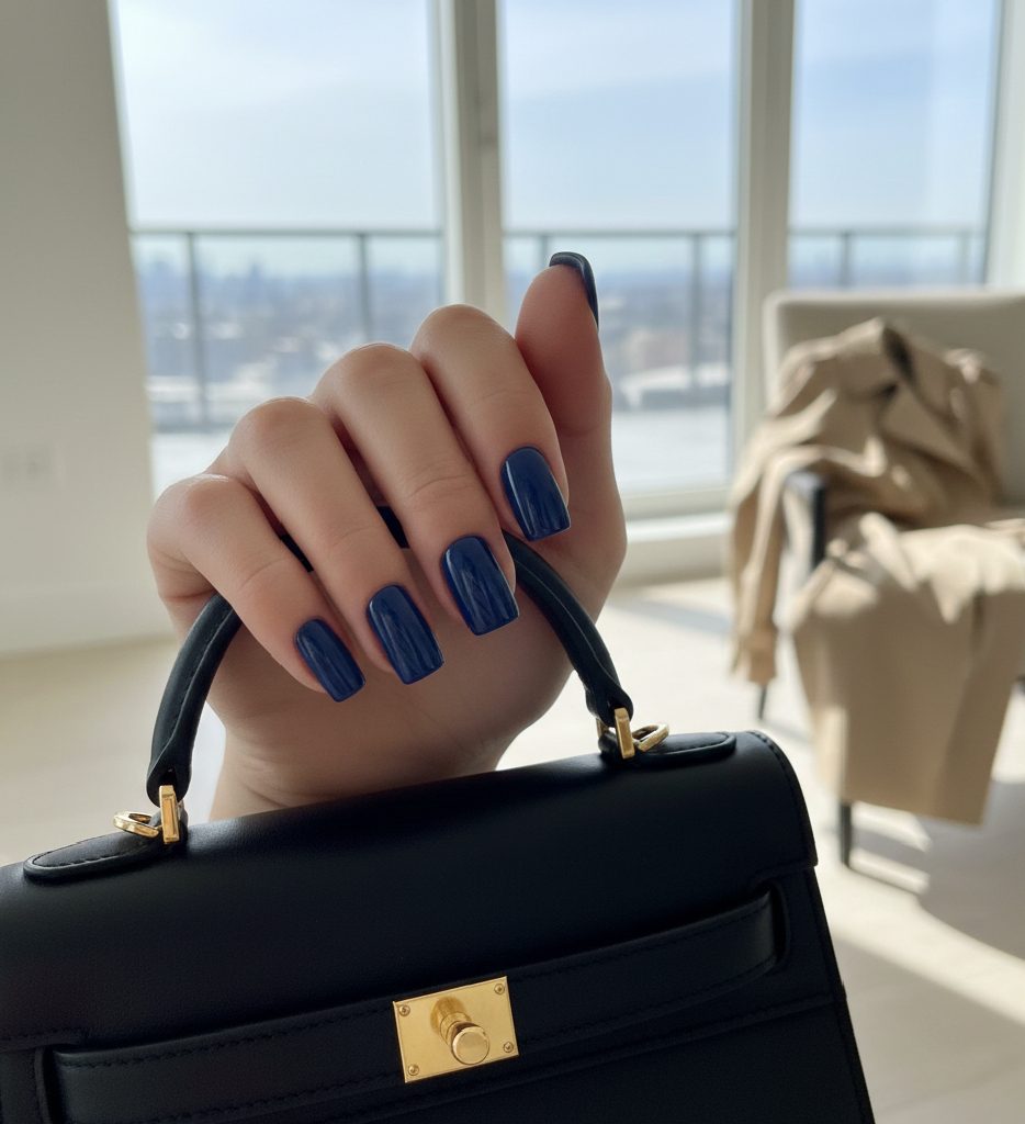 Strong and practical squoval nails (square-oval) with heavily rounded corners, representing the quiet luxury nail trend.