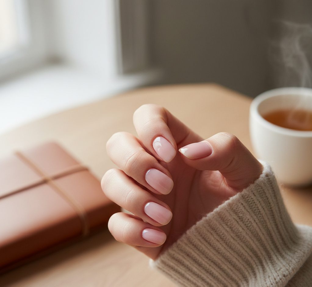Natural-looking oval-square hybrid nails that follow the natural curve of the cuticle for a subtle "your nails but better" appearance.