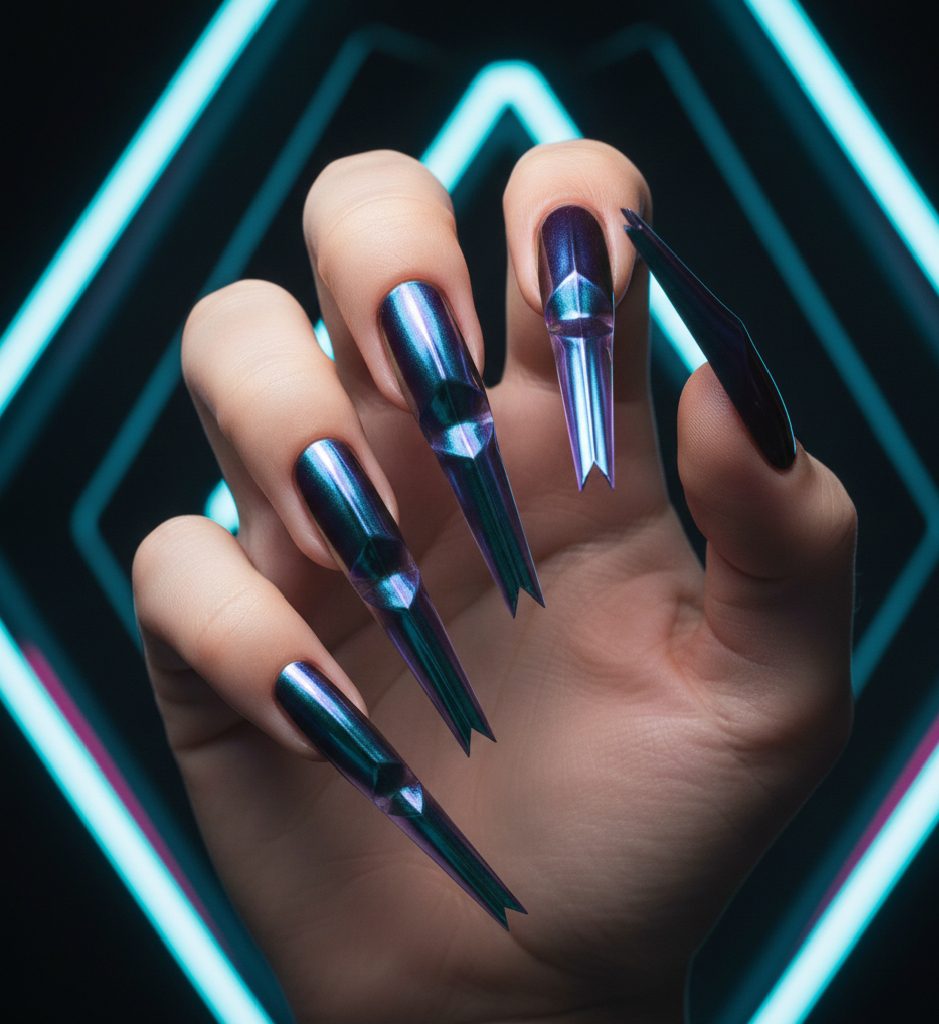 Technical 3D Edge nail shape featuring a central ridge or "spine" that creates a V-shape silhouette for high-fashion editorial looks.