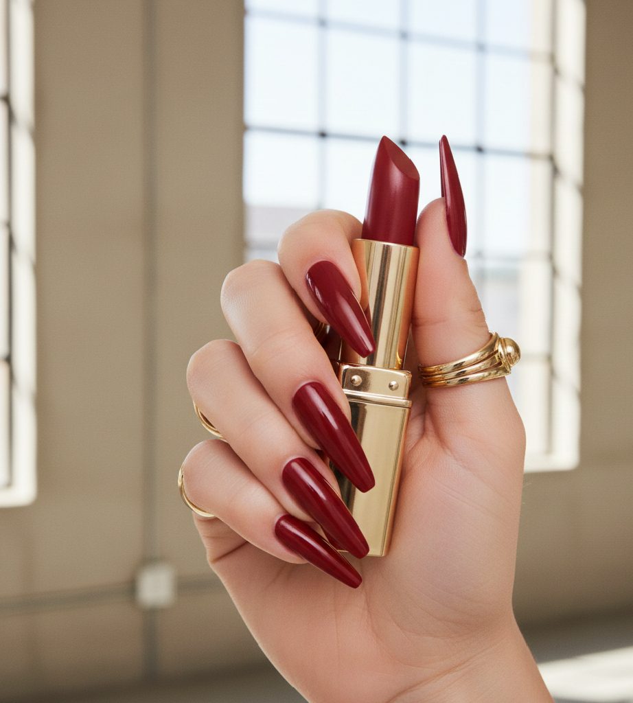 A creative "Lipstick" nail shape featuring a unique asymmetrical slanted tip, mimicking a lipstick tube, styled with a high-fashion glossy finish popular in Los Angeles.