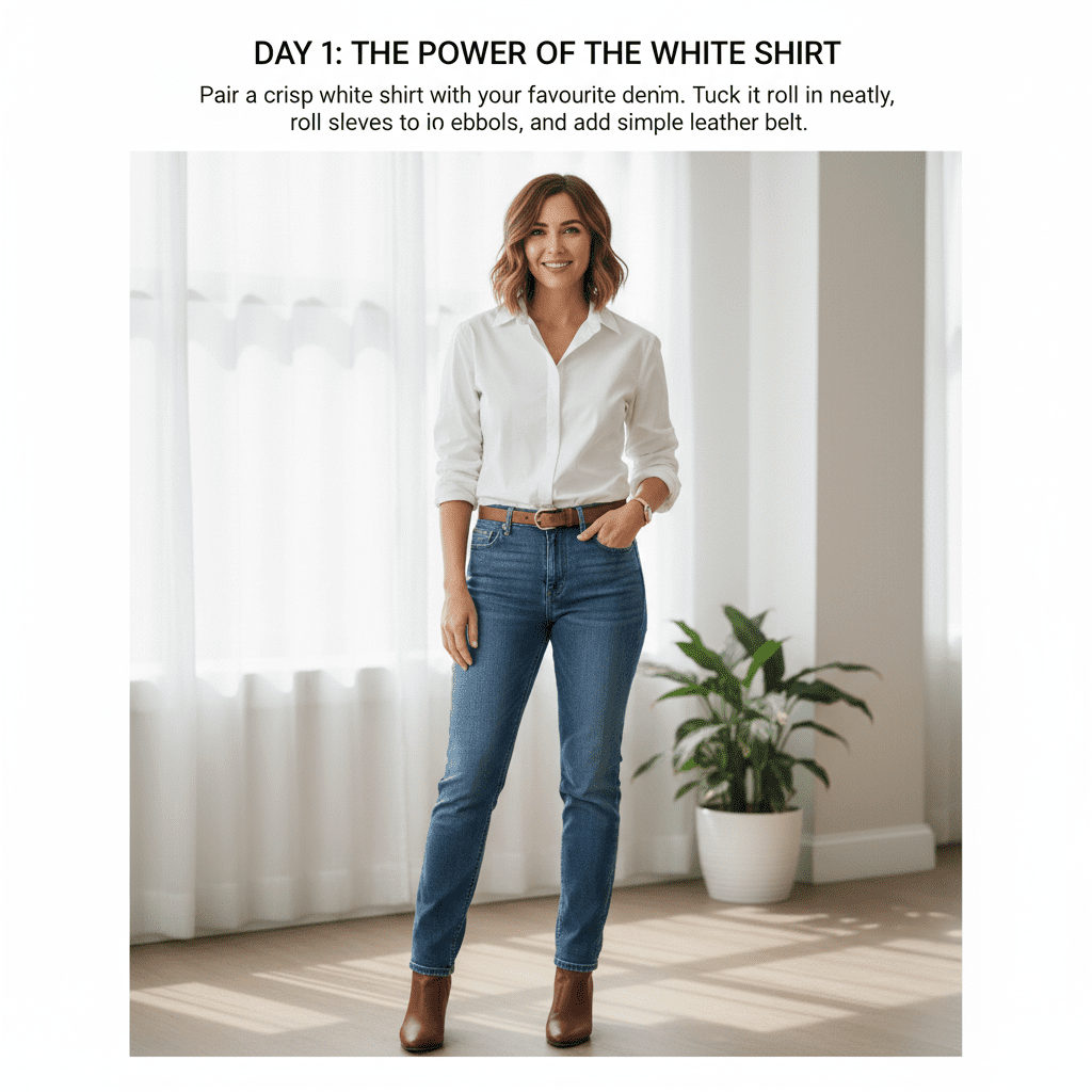 A woman wearing a crisp white button-down shirt tucked into blue denim jeans with a leather belt and rolled-up sleeves.