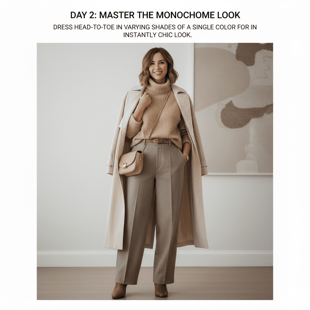 A sophisticated monochrome outfit featuring layers of beige, taupe trousers, and matching loafers for a seamless, elegant look.