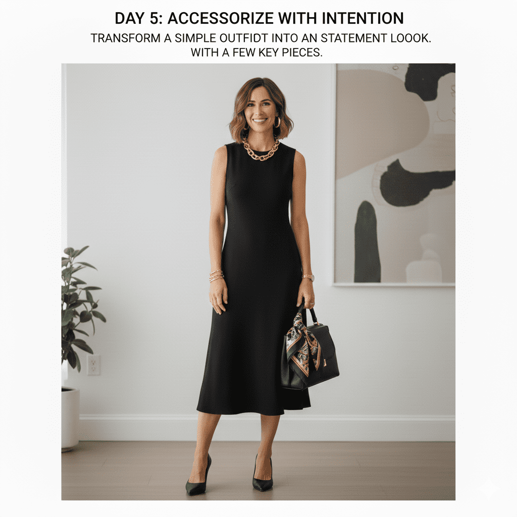 A simple black outfit elevated with intentional accessories, including a bold necklace, a silk handbag scarf, and gold jewelry.