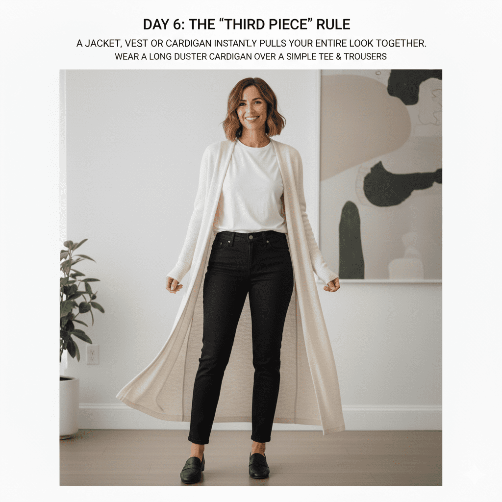 A complete polished look featuring a long duster coat as a "third piece" layered over a white t-shirt and tailored trousers.