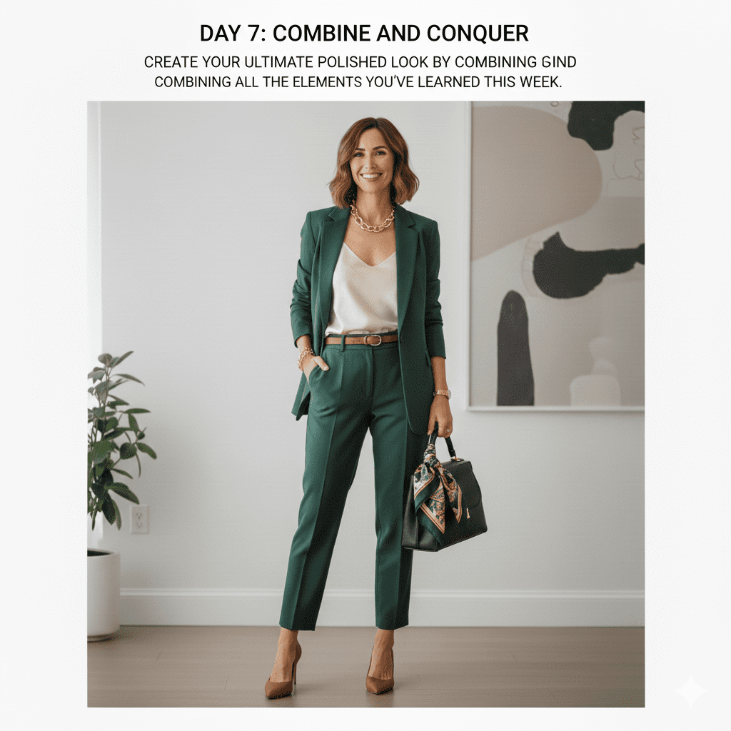 A final high-fashion look combining a green power suit, quality fabrics, and intentional accessories to represent the peak of effortless chic.