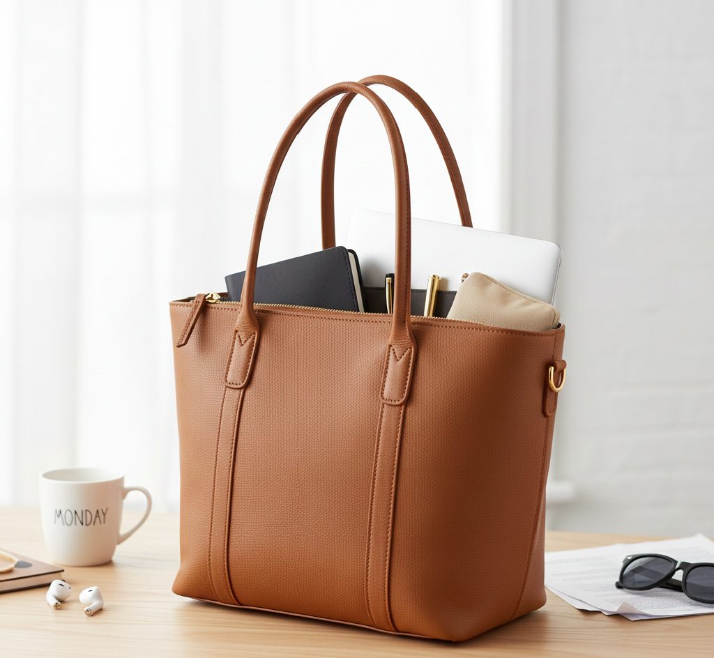 The Everyday Tote: A classic tan leather bag with sunglasses.