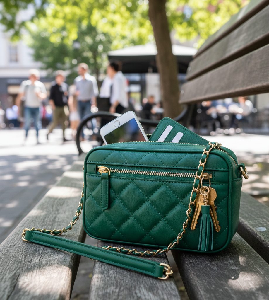 The Cross-Body: A quilted forest green bag with a gold chain.