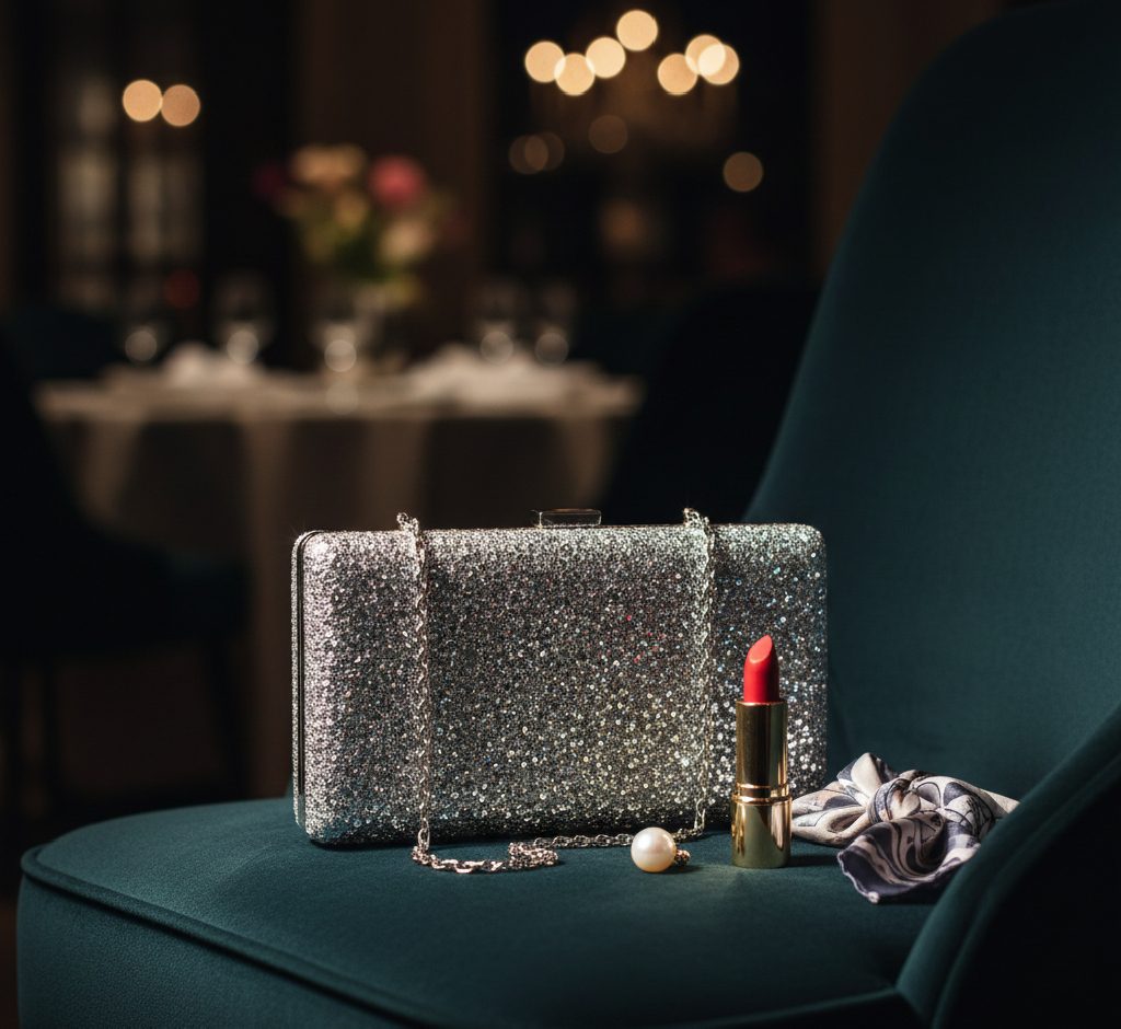 The Classic Clutch: A shimmering silver evening bag with lipstick and pearls.