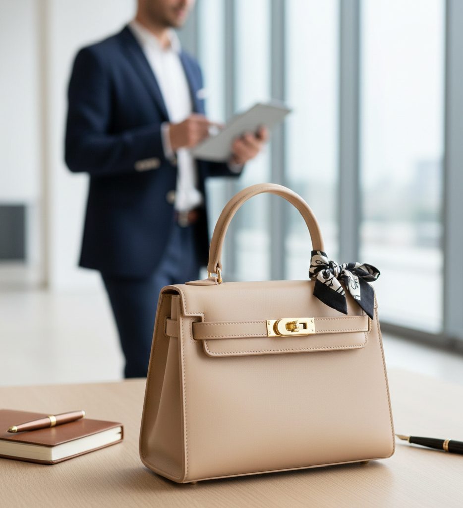 The Structured Top-Handle: A sophisticated cream-colored bag with a decorative silk scarf.