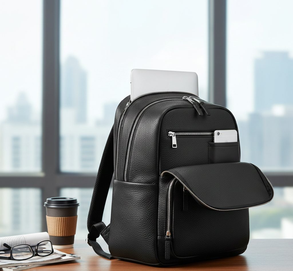 The Versatile Backpack: A sleek, black leather minimalist backpack.